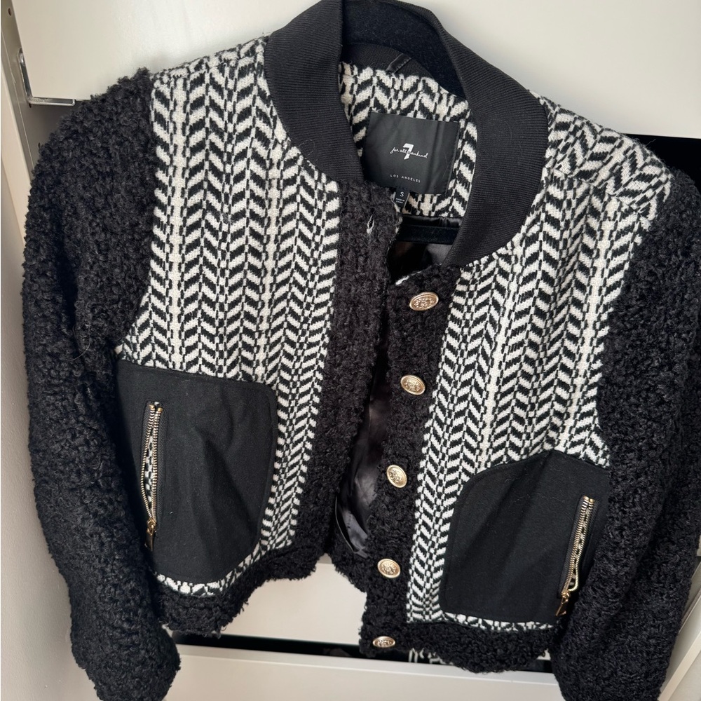 7 For All Mankind Black and White Textured Bomber Jacket
